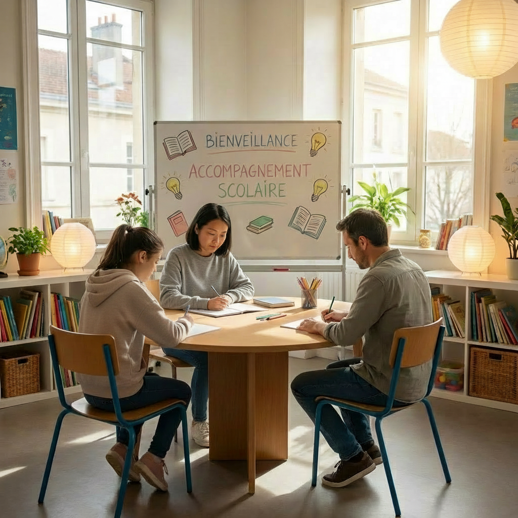 Teacher and two students at a table before a whiteboard reading BIENVEILLANCE ACCOMPAGNEMENT SCOLAIRE.